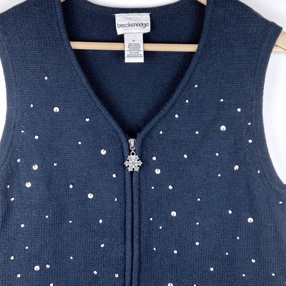 Vintage Breckenridge Navy Blue Snowman‎ Sequin Zip Up Vest Women's Medium
